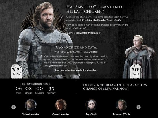 Die Hauptseite des Projekts „A Song of Ice and Data“ zeigt zwei Hauptfiguren und deren voraussichtliche Todeswahrscheinlichkeit in der Serie „Game of Thrones“. Die Hauptseite des Projekts „A Song of Ice and Data“ zeigt zwei Hauptfiguren und deren voraussichtliche Todeswahrscheinlichkeit in der Serie „Game of Thrones“.