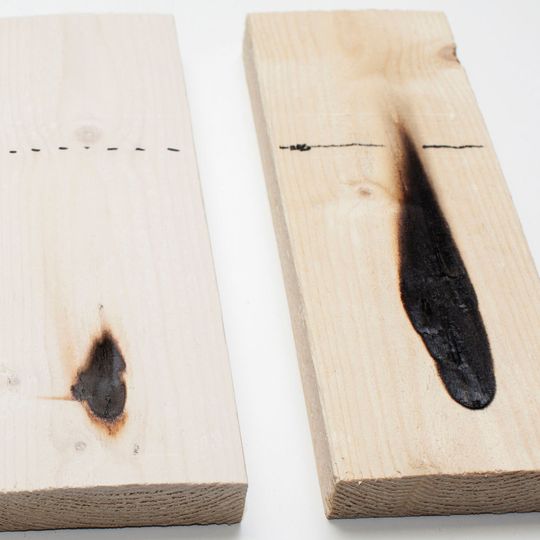 Hefcel-coated wood (left) and untreated wood (right) after 30 seconds flame test. Hefcel-coated wood (left) and untreated wood (right) after 30 seconds flame test.