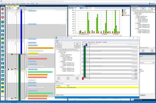 Tracealyzer 4.3: Die neue „Interval Details“-Ansicht einen deutlich besseren Überblick über Zustandsautomaten und andere individuelle Details im Trace. Tracealyzer 4.3: Die neue „Interval Details“-Ansicht einen deutlich besseren Überblick über Zustandsautomaten und andere individuelle Details im Trace.