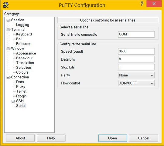 PuTTY : Der Terminalemulator ermöglicht es, für Kommunikation über die serielle Schnittstelle die nötigen Parameter zu setzen. PuTTY : Der Terminalemulator ermöglicht es, für Kommunikation über die serielle Schnittstelle die nötigen Parameter zu setzen.