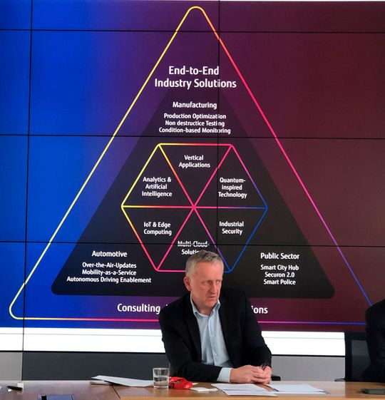 Europa-Chef Rupert Lehner vor dem Schaubild „Fujitsu Connected Services“.
