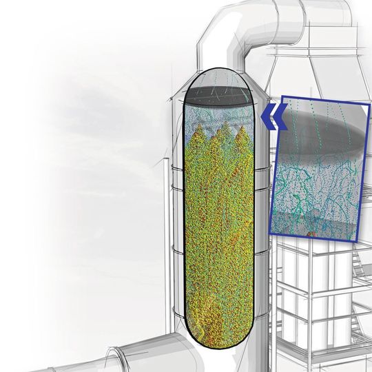 CFD-Simulation einer Gaswäsche im Sprühturm: Entscheidend ist es, die Reinigungsflüssigkeit gleichmäßig im Turm zu verteilen. CFD-Simulation einer Gaswäsche im Sprühturm: Entscheidend ist es, die Reinigungsflüssigkeit gleichmäßig im Turm zu verteilen.