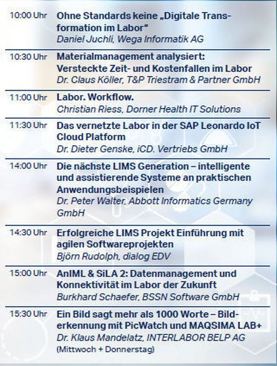 Tabelle 1: Das Programm der Software & LIMS Area mit den Zeiten der einzelnen Vorträge.