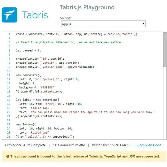 Der Tabris.js-Playground erlaubt es, die jüngste Version des JavaScript-Frameworks mit vorgefertigten oder eigenen Code-Samples zu testen. Der Tabris.js-Playground erlaubt es, die jüngste Version des JavaScript-Frameworks mit vorgefertigten oder eigenen Code-Samples zu testen.