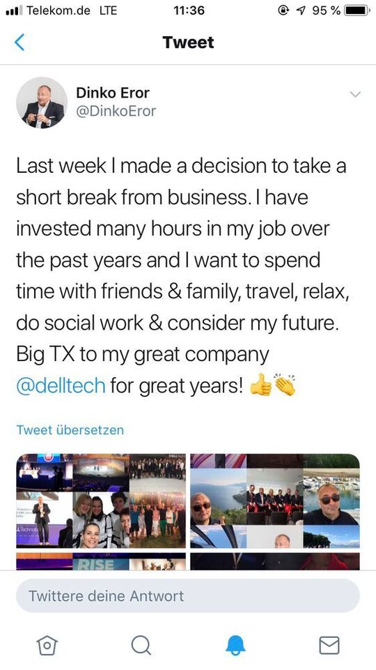 A través de un tuit, Dinko Eror anuncia que deja Dell y que quiere dedicarse primero a su vida privada.