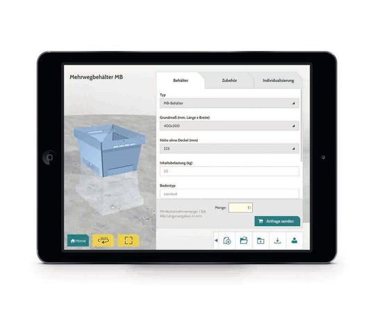 Im Behälterkonfigurator sind alle technischen Details hinterlegt, um daraus virtuell einen individuellen Wunschbehälter zu gestalten.