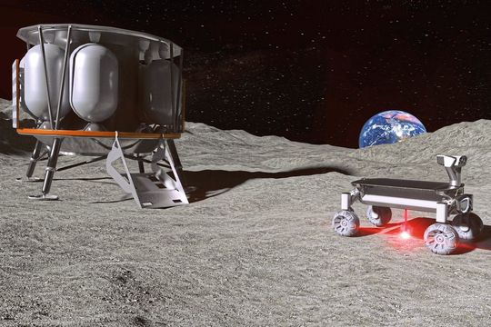 Die MOONRISE-Technologie im Einsatz auf dem Mond. Links die Mondlandefähre ALINA, rechts der Rover mit der MOONRISE-Technologie – mit angeschaltetem Laser beim Aufschmelzen von Mondstaub. Die MOONRISE-Technologie im Einsatz auf dem Mond. Links die Mondlandefähre ALINA, rechts der Rover mit der MOONRISE-Technologie – mit angeschaltetem Laser beim Aufschmelzen von Mondstaub.