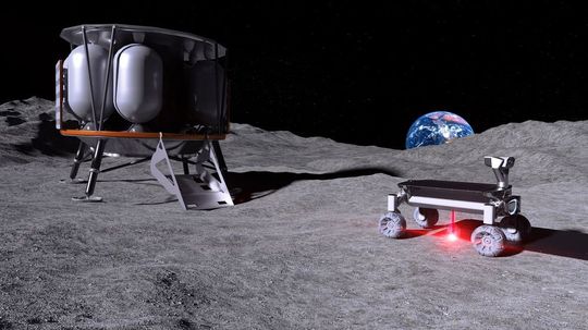 Eine Bildmontage der Moonrise-Technologie im Einsatz auf dem Mond. Links die Mondlandefähre Alina, rechts der Rover mit der Moonrise-Technologie – mit angeschaltetem Laser beim Aufschmelzen von Mondstaub.