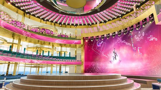 Die versenkbare 360°-Bühne für das Theatrium wird von drei ebenfalls versenkbaren zweiteiligen Stufenringen umrahmt. Der Bühnentechniker bedient während der Shows die Unter- und Obermaschinerien über eine gemeinsame Rexroth-Bühnensteuerung.