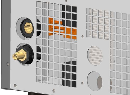 Stromquellen-Anschlüsse nach dem Einbau des DIX SEC. Durch den Codierstecker wird aus einer Dinse-Buchse ein Dinse-Stecker.