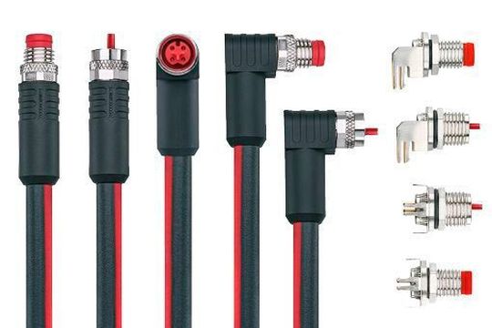 Die schwarz-rote Leitung ist typisch für Ethercat P: Kompakte M8x1-Anschlussleitungen (links) und Geräteschnittstellen (rechts) für Ethercat-P-Anwendungen. Die schwarz-rote Leitung ist typisch für Ethercat P: Kompakte M8x1-Anschlussleitungen (links) und Geräteschnittstellen (rechts) für Ethercat-P-Anwendungen.