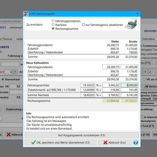 Ein Einsatzbeispiel: Soll der Fahrzeugrabatt als runde Summe ausgewiesen werden, wird diese Summe eingegeben, das System ermittelt den Rabattsatz und den neuen Endpreis. Ein Einsatzbeispiel: Soll der Fahrzeugrabatt als runde Summe ausgewiesen werden, wird diese Summe eingegeben, das System ermittelt den Rabattsatz und den neuen Endpreis.