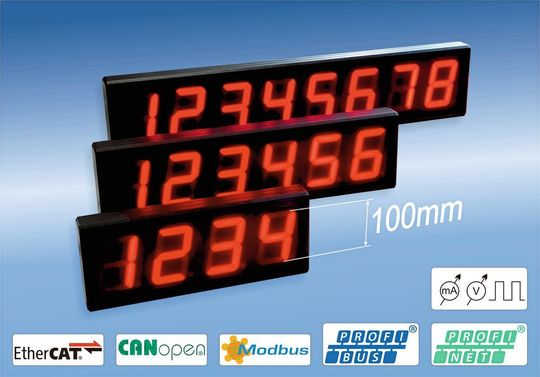 Das 100 mm große Display der Großanzeige DM100 gibt es mit vier bis acht Stellen. Durch die hellen LEDs soll es aus bis zu 50 m ablesbar sein. Das 100 mm große Display der Großanzeige DM100 gibt es mit vier bis acht Stellen. Durch die hellen LEDs soll es aus bis zu 50 m ablesbar sein.
