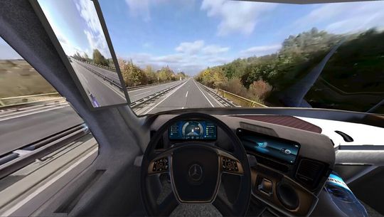 Blick in die 3D-Brille: Die Lkw-Fahrer sehen beim Test das virtuelle Cockpit des neuen Actros samt Fahrsituation.
