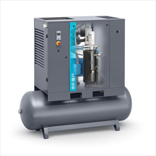 Die neuen Schraubenkompressoren der Baureihe G 15L-22 sind auch in Versionen mit vorinstallierten Druckluftbehältern verfügbar. Die neuen Schraubenkompressoren der Baureihe G 15L-22 sind auch in Versionen mit vorinstallierten Druckluftbehältern verfügbar.