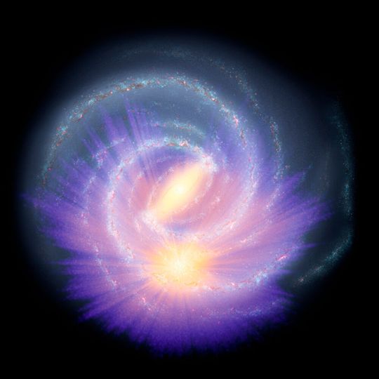 Darstellung der Gaia-Daten kombiniert mit anderen Durchmusterungen und StarHorse-Code über einer Illustration der Milchstraße. Mittig ist deutlich eine Balkenstruktur sichtbar. Darstellung der Gaia-Daten kombiniert mit anderen Durchmusterungen und StarHorse-Code über einer Illustration der Milchstraße. Mittig ist deutlich eine Balkenstruktur sichtbar.