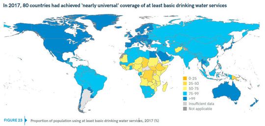 Die Karte zeigt, wie viel Prozent der Landesbevölkerung eine Grundversorgung mit Trinkwasser haben.