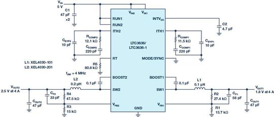 Bild 1: Eine kompakte Lösung stellt dieser zweikanalige Abwärtsregler mit 4 MHz Schaltfrequenz dar. Bild 1: Eine kompakte Lösung stellt dieser zweikanalige Abwärtsregler mit 4 MHz Schaltfrequenz dar.