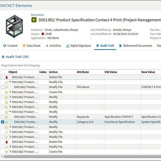 „Audit Trails dokumentieren alle regulatorisch relevanten Änderungen und schaffen somit Transparenz über alle durchgeführten Aktionen“, fasst Dr. Regine Wolters, Produktmanagerin PLM bei Contact Software, die Vorteile zusammen. „Audit Trails dokumentieren alle regulatorisch relevanten Änderungen und schaffen somit Transparenz über alle durchgeführten Aktionen“, fasst Dr. Regine Wolters, Produktmanagerin PLM bei Contact Software, die Vorteile zusammen.