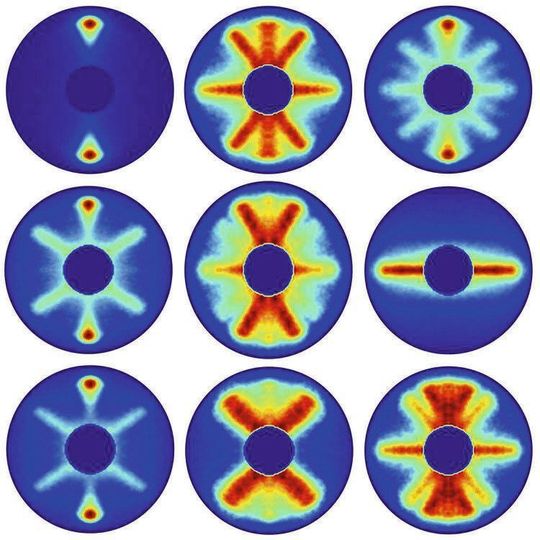 Schritte der Molekülrotation, aufgenommen mit nur wenigen Pikosekunden Abstand. Schritte der Molekülrotation, aufgenommen mit nur wenigen Pikosekunden Abstand.
