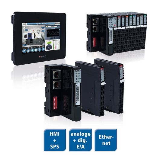 Neu ist die Erweiterung der Unistream HMI+SPS über Ethernet-E/A-Module, deren schmale Bauweise von nur 12 mm Breite wenig Platz auf der DIN-Schiene in- oder außerhalb des Schaltschranks benötigt. Neu ist die Erweiterung der Unistream HMI+SPS über Ethernet-E/A-Module, deren schmale Bauweise von nur 12 mm Breite wenig Platz auf der DIN-Schiene in- oder außerhalb des Schaltschranks benötigt.
