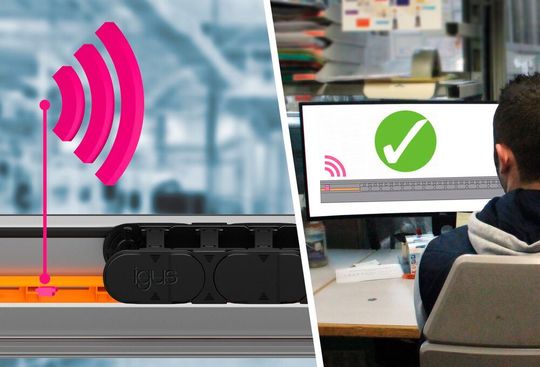 Zur Überwachung der Gleitschiene aus einem abriebfesten Hochleistungspolymer setzt Igus jetzt auf den smart plastics Sensor EC.T. Dieser sendet regelmäßig Informationen über den technischen Zustand der langlebigen Schiene. Zur Überwachung der Gleitschiene aus einem abriebfesten Hochleistungspolymer setzt Igus jetzt auf den smart plastics Sensor EC.T. Dieser sendet regelmäßig Informationen über den technischen Zustand der langlebigen Schiene.
