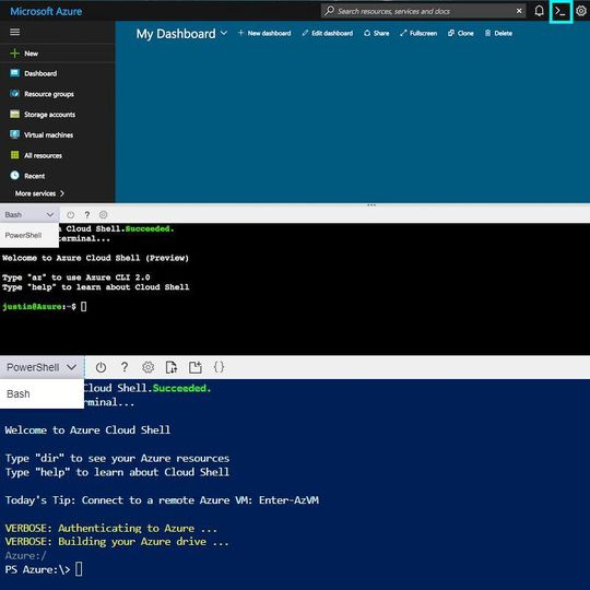 Über die Azure Cloud Shell lassen sich Bash- und PowerShell-Befehle absetzen, um Azure-Ressourcen anzusteuern. Über die Azure Cloud Shell lassen sich Bash- und PowerShell-Befehle absetzen, um Azure-Ressourcen anzusteuern.