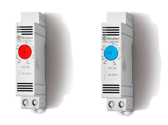 Die Thermostate und Hygrostate der Serie 7T von Finder sorgen für eine genaue Temperaturüberwachung im Schaltschrank. Sie verhindern Kondensation und Überhitzung zuverlässig (Heizungsthermostat links und Lüftungsthermostat rechts im Bild). Die Thermostate und Hygrostate der Serie 7T von Finder sorgen für eine genaue Temperaturüberwachung im Schaltschrank. Sie verhindern Kondensation und Überhitzung zuverlässig (Heizungsthermostat links und Lüftungsthermostat rechts im Bild).