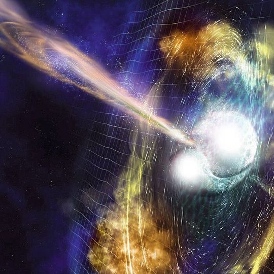 Illustration von zwei fusionierenden Neutronensternen (für mehr Details, bitte Bild anklicken) Illustration von zwei fusionierenden Neutronensternen (für mehr Details, bitte Bild anklicken)