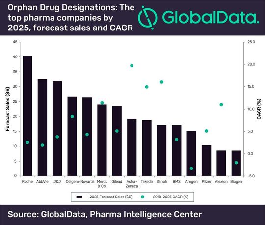 Global Data hat die 15 größten Pharmaunternehmen im Jahr 2025 ermittelt - entsprechend den prognostizierten Umsätzen für ihre jeweiligen Therapien mit Orphan-Arzneimittelbezeichnungen.
