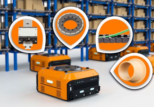 Autonom durch die Fabrik: Fahrerlose Transportsysteme bewegen 24/7 Waren in der Fabrik. Schmier- und wartungsfreie Motion Plastics von Igus sorgen dabei für Gewichtseinsparung und erhöhte Ausfallsicherheit. Autonom durch die Fabrik: Fahrerlose Transportsysteme bewegen 24/7 Waren in der Fabrik. Schmier- und wartungsfreie Motion Plastics von Igus sorgen dabei für Gewichtseinsparung und erhöhte Ausfallsicherheit.