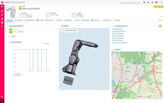 Die Technologieplattform Contact Elements for IoT generiert digitale Zwillinge von Mitsubishi Electric Industrierobotern und visualisiert die Betriebsdaten des integrierten Condition Monitorings. Die Technologieplattform Contact Elements for IoT generiert digitale Zwillinge von Mitsubishi Electric Industrierobotern und visualisiert die Betriebsdaten des integrierten Condition Monitorings.