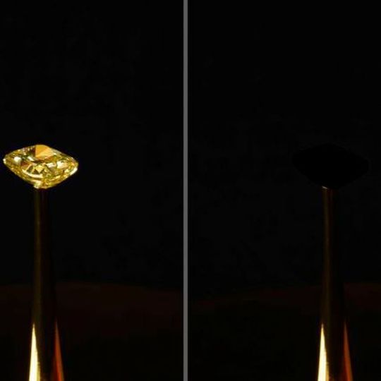 Because of the extremely high light absorbtive qualities of the CNTs, any object, in this case a large diamond coated with CNT’s, becomes a kind of black hole absent of shadows. Because of the extremely high light absorbtive qualities of the CNTs, any object, in this case a large diamond coated with CNT’s, becomes a kind of black hole absent of shadows.