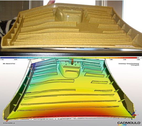 Für biologische Kunststoffe geeignet: die Simulationssoftware Cadmould von Simcon. Das Bild zeigt den Verglcieh zwischen gemessener und simulierter Deformation. Für biologische Kunststoffe geeignet: die Simulationssoftware Cadmould von Simcon. Das Bild zeigt den Verglcieh zwischen gemessener und simulierter Deformation.