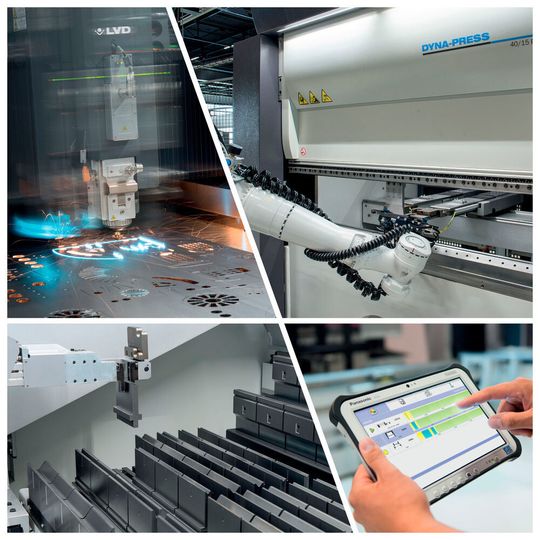 LVD zeigt auf der Messe eine kompakte Roboter-Fertigungszelle, eine hydraulische Abkantpresse mit automatischem Werkzeugwechsler sowie eine Faserlaser-Schneidmaschine. LVD zeigt auf der Messe eine kompakte Roboter-Fertigungszelle, eine hydraulische Abkantpresse mit automatischem Werkzeugwechsler sowie eine Faserlaser-Schneidmaschine.