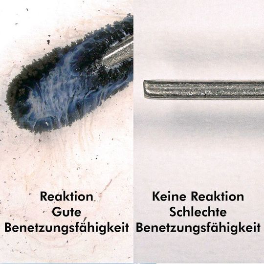 Durch das Eintauchen der Kontaktstelle in die Testflüssigkeit entsteht bei einer vorhandenen Benetzungsfähigkeit eine schwarze Farbreaktion (links). Durch das Eintauchen der Kontaktstelle in die Testflüssigkeit entsteht bei einer vorhandenen Benetzungsfähigkeit eine schwarze Farbreaktion (links).