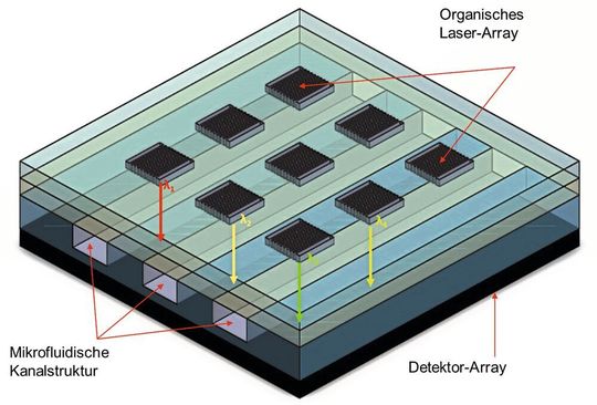 Abb. 1: Schematische Darstellung eines optofluidischen Analysesystems Abb. 1: Schematische Darstellung eines optofluidischen Analysesystems