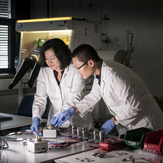 Zhirong Zhao-Karger (links) und Zhenyou Li (rechts) aus dem Exzellenzcluster Polis (Post Lithium Storage Cluster of Excellence) gelang es, vielversprechende Elektrolyte für Calciumbatterien herzustellen. Zhirong Zhao-Karger (links) und Zhenyou Li (rechts) aus dem Exzellenzcluster Polis (Post Lithium Storage Cluster of Excellence) gelang es, vielversprechende Elektrolyte für Calciumbatterien herzustellen.