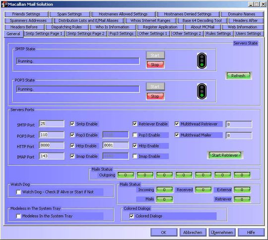 Der Freeware Mail Server Macallan Mail Solution besitzt ein umfangreiches Konfigurations-Interface. Der Freeware Mail Server Macallan Mail Solution besitzt ein umfangreiches Konfigurations-Interface.