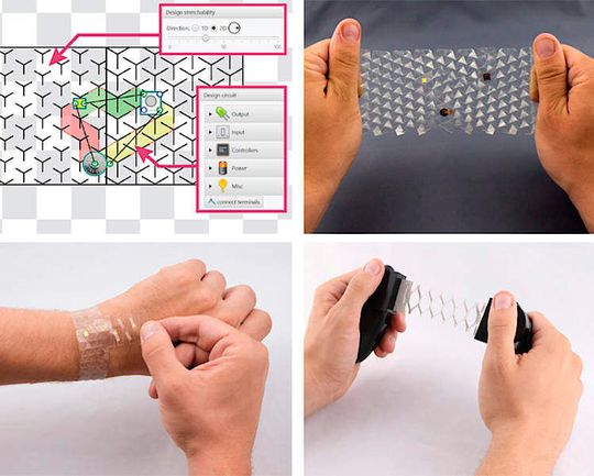 Die Forscher entwickelten drei Prototypen in nur 5 Minuten: ein transparentes Armband mit Leuchtdiode, eine flexible Steuerung für Computerspiele und ein Sensor, der den Beugungsgrad in einer Ellenbogenbandage misst. Die Forscher entwickelten drei Prototypen in nur 5 Minuten: ein transparentes Armband mit Leuchtdiode, eine flexible Steuerung für Computerspiele und ein Sensor, der den Beugungsgrad in einer Ellenbogenbandage misst.