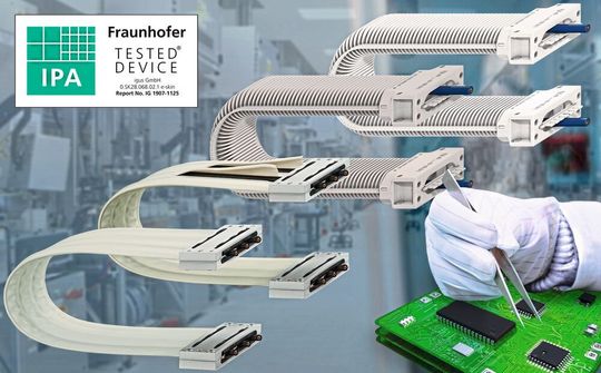 Die modularen e-skin-Energieführungen von Igus zeigen in Reinraumtests des Fraunhofer-Instituts IPA Bestwerte. Damit verfügen alle vier Energiekettentypen der Familie über das Zertifikat für ISO-Klasse 1. Die modularen e-skin-Energieführungen von Igus zeigen in Reinraumtests des Fraunhofer-Instituts IPA Bestwerte. Damit verfügen alle vier Energiekettentypen der Familie über das Zertifikat für ISO-Klasse 1.