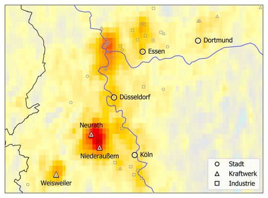 Stickoxidemissionen im nördlichen Rheinland. Die Auswertung gemittelter Satellitendaten (April bis Oktober 2018) mithilfe der neuen Methode grenzt die Emissionen der Braunkohlekraftwerke Niederaußem und Neurath klar von denen der Städte Köln und Düsseldorf ab. Stickoxidemissionen im nördlichen Rheinland. Die Auswertung gemittelter Satellitendaten (April bis Oktober 2018) mithilfe der neuen Methode grenzt die Emissionen der Braunkohlekraftwerke Niederaußem und Neurath klar von denen der Städte Köln und Düsseldorf ab.