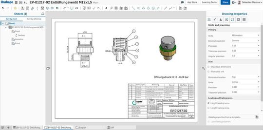 In diesem Dokument befindet sich die 3D-Baugrupppe und die dazugehörige Zeichnung des Entlüftungsventils.