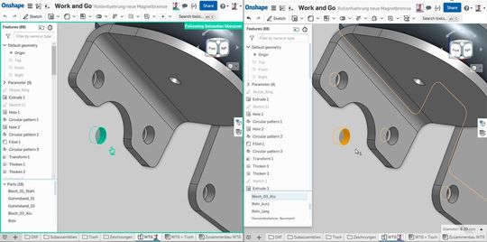 In Onshape können mehrere Benutzer an einem Dokument arbeiten. Ein kleines Profilbild in der Leiste zeigt an, wer das Dokument gerade geöffnet hat.