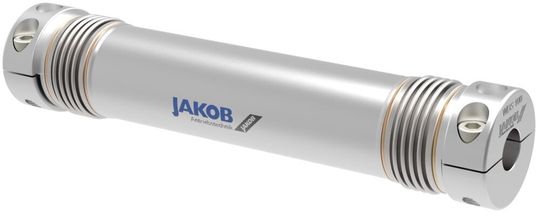 Herkömmliche Distanzkupplung im Vergleich: Sie besteht aus einer Metallwelle mit Nabe und je einem Metallbalg sowie einer integrierten kardanischen Lager-Abstützung an An- und Abtriebseite.