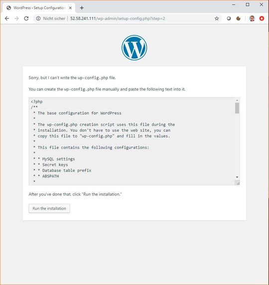 Wordpress-Setup mit Verbindung zur Datenbank.