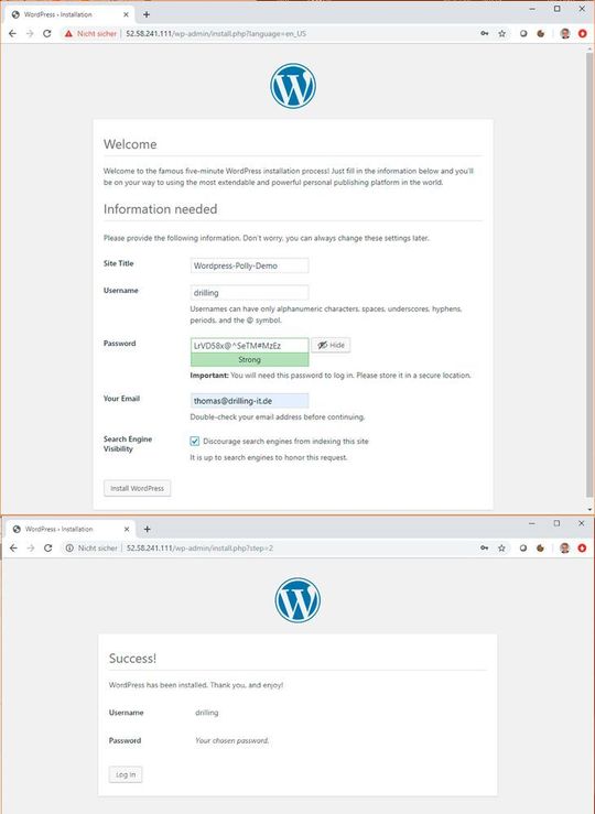 Konfiguration von Wordpress und Anmeldedialog.