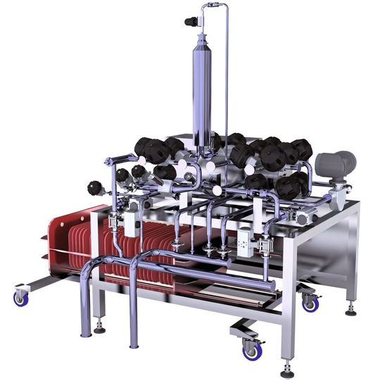 3D model for Depth Filtration Skid from Austar Group with compact design. The depth filter holder (Merck Pod) is located underneath the piping skid and can easily be moved to another place for loading and unloading of the depth filter cassettes. 3D model for Depth Filtration Skid from Austar Group with compact design. The depth filter holder (Merck Pod) is located underneath the piping skid and can easily be moved to another place for loading and unloading of the depth filter cassettes.
