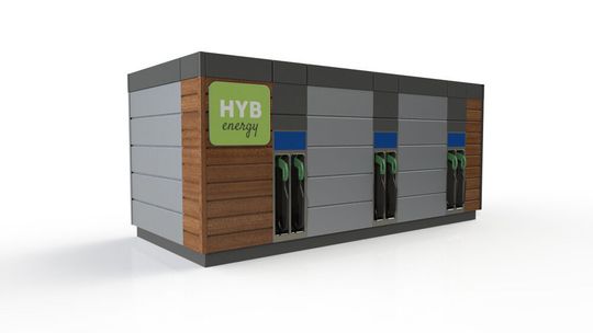 Die Batterie eines Moduls von Hyb-Energy mit drei Ladeanschlüssen soll bis zu 500 Kilowattstunden speichern können.
