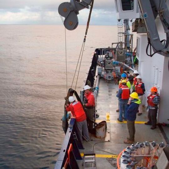 While aboard the research vessel Sally Ride off the coast of San Diego, Peacock, Alford and a multistakeholder team of researchers deployed a discharge hose and studied sediment plumes to assess the environmental impacts of deep-sea mining. While aboard the research vessel Sally Ride off the coast of San Diego, Peacock, Alford and a multistakeholder team of researchers deployed a discharge hose and studied sediment plumes to assess the environmental impacts of deep-sea mining.